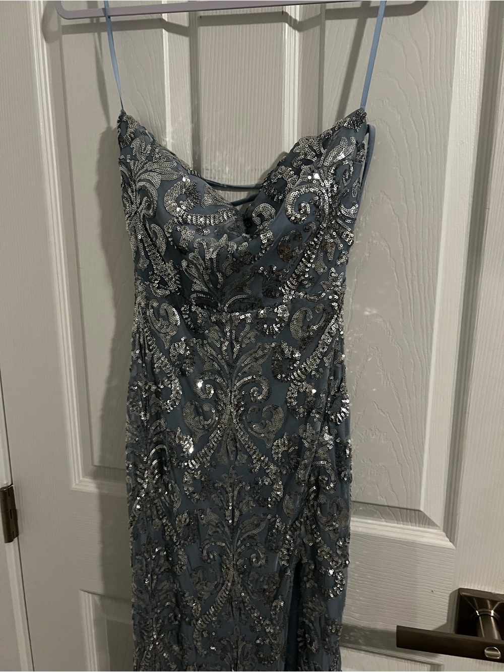 Elegant Slate Blue Sequin Spaghetti Strap Dress